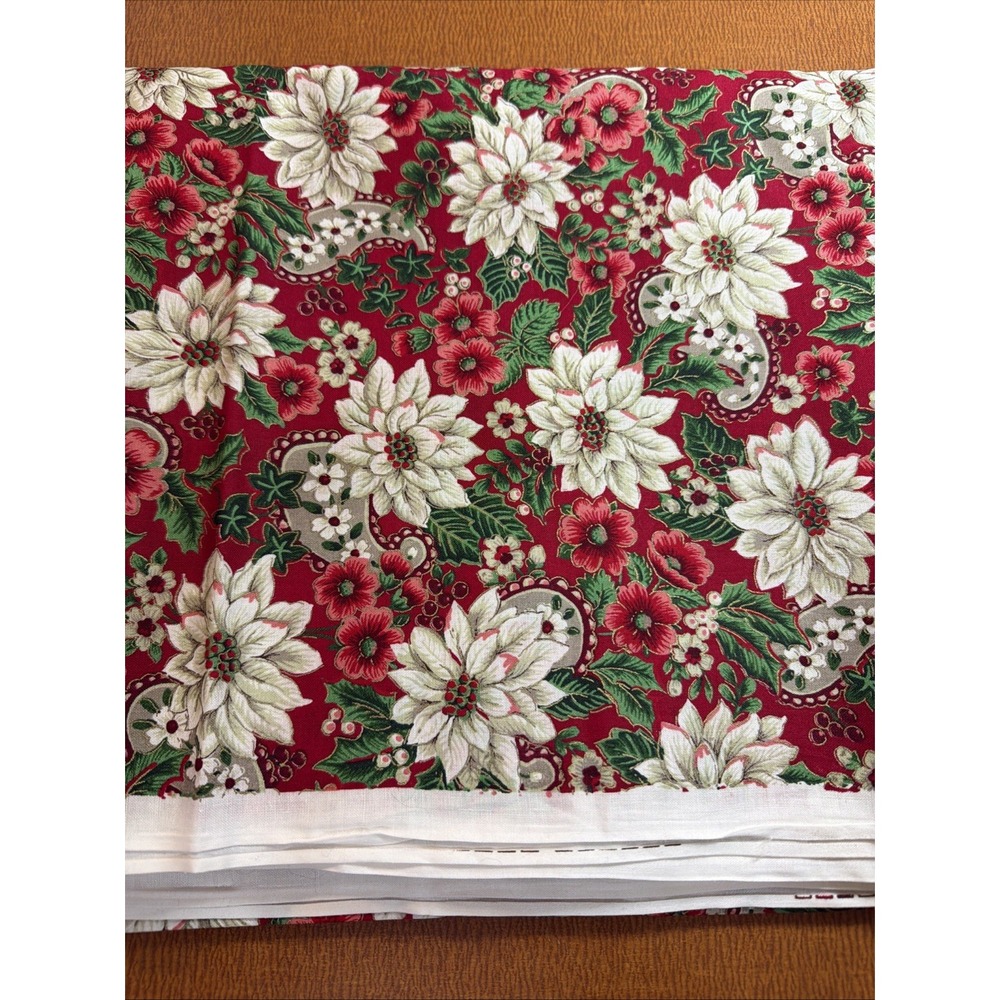 Vtg Christmas Red Poinsettia Cotton VIP Cranston Fabric 100% Cotton 104" X 44"